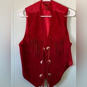 Rock Creek Cowgirl SZ M Red Fringe Suede Vest silver conchos Vintage